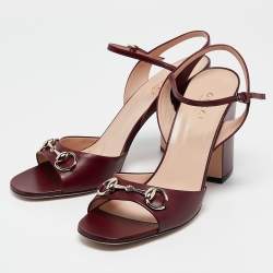 Pre Owned Gucci Burgundy Leather Horsebit Ankle Strap Sandals Size 40.5