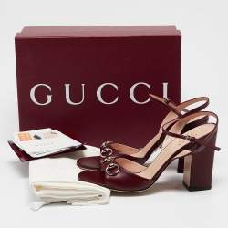 Pre Owned Gucci Burgundy Leather Horsebit Ankle Strap Sandals Size 40.5