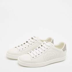Pre Owned Gucci White Perforated Interlocking G Leather Ace Sneakers Size 37