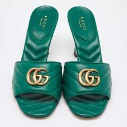 Gucci Green Matelasse Leather GG Marmont Slide Sandals Size 39
