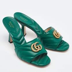 Gucci Green Matelasse Leather GG Marmont Slide Sandals Size 39