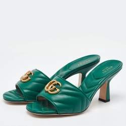 Gucci Green Matelasse Leather GG Marmont Slide Sandals Size 39