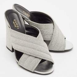 Gucci Silver Glitter Webby Criss Cross Slide Sandals Size 37.5