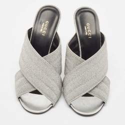 Gucci Silver Glitter Webby Criss Cross Slide Sandals Size 37.5