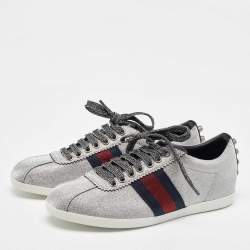 Gucci Metallic Silver Glitter Web Detail Studded Low Top Sneakers Size 36