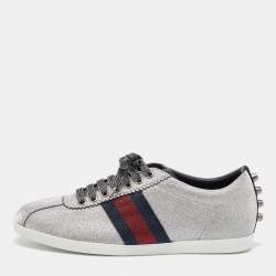 Gucci Metallic Silver Glitter Web Detail Studded Low Top Sneakers Size 36