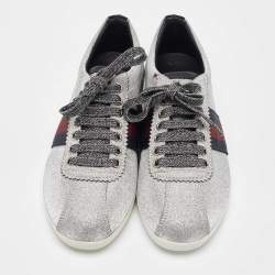 Gucci Metallic Silver Glitter Web Detail Studded Low Top Sneakers Size 36
