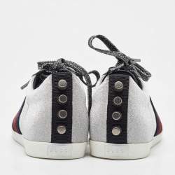 Gucci Metallic Silver Glitter Web Detail Studded Low Top Sneakers Size 36