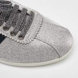 Gucci Metallic Silver Glitter Web Detail Studded Low Top Sneakers Size 36