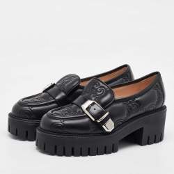 Pre Owned Gucci Black Cordovan Lux GG Leather Lug Sole Loafers 36.5