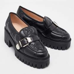 Pre Owned Gucci Black Cordovan Lux GG Leather Lug Sole Loafers 36.5