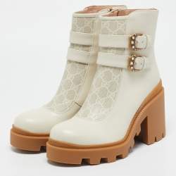 Gucci Off White Leather and GG Supreme Canvas Kensington Ankle Boots Size 42