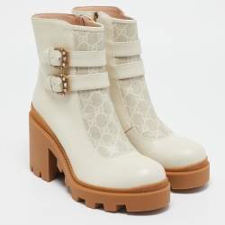 Gucci Off White Leather and GG Supreme Canvas Kensington Ankle Boots Size 42