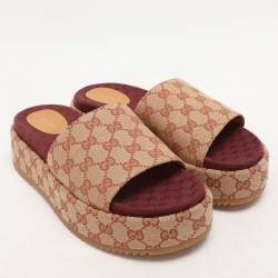 Gucci Brown/Beige GG Canvas Angelina Platform Slide Sandals Size 41