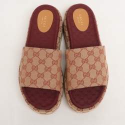 Gucci Brown/Beige GG Canvas Angelina Platform Slide Sandals Size 41