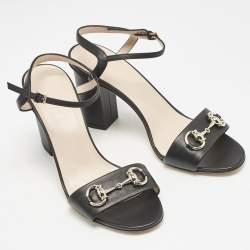 Pre Owned Gucci Black Leather Horsebit Open Toe Ankle Strap Sandals Size 37.5
