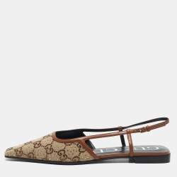 Gucci Brown Canvas and Leather Crystal Embellished Slingback Flats Size 38.5