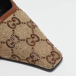 Gucci Brown Canvas and Leather Crystal Embellished Slingback Flats Size 38.5