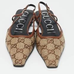 Gucci Brown Canvas and Leather Crystal Embellished Slingback Flats Size 38.5