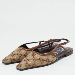 Gucci Brown Canvas and Leather Crystal Embellished Slingback Flats Size 38.5