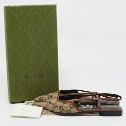 Gucci Brown Canvas and Leather Crystal Embellished Slingback Flats Size 38.5