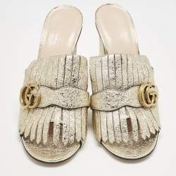 Gucci Gold Leather GG Marmont Slide  Sandals Size 39