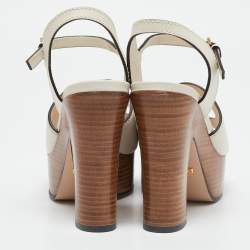 Gucci Cream Leather Horsebit Platform Block Heel Ankle Strap Sandals Size 36