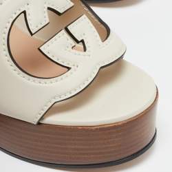 Gucci Cream Leather Horsebit Platform Block Heel Ankle Strap Sandals Size 36