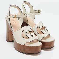 Gucci Cream Leather Horsebit Platform Block Heel Ankle Strap Sandals Size 36