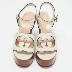 Gucci Cream Leather Horsebit Platform Block Heel Ankle Strap Sandals Size 36