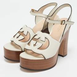 Gucci Cream Leather Horsebit Platform Block Heel Ankle Strap Sandals Size 36