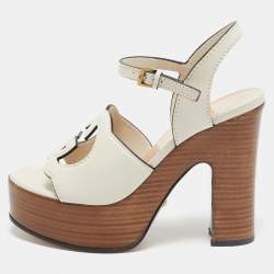 Gucci Cream Leather Horsebit Platform Block Heel Ankle Strap Sandals Size 36