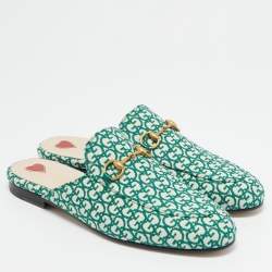 Pre Owned Gucci Green/White Canvas Princetown Mule Sandals Size 37.5