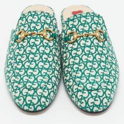 Pre Owned Gucci Green/White Canvas Princetown Mule Sandals Size 37.5