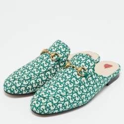 Pre Owned Gucci Green/White Canvas Princetown Mule Sandals Size 37.5