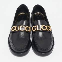 Gucci Black Leather Quentin Logo Plaque Slip On Loafers Size 35