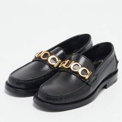 Gucci Black Leather Quentin Logo Plaque Slip On Loafers Size 35