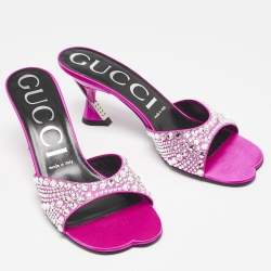 Gucci Pink Satin Galactica Crystal Embellished Slide Sandals Size 37