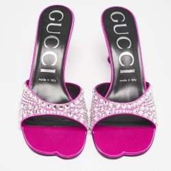 Gucci Pink Satin Galactica Crystal Embellished Slide Sandals Size 37