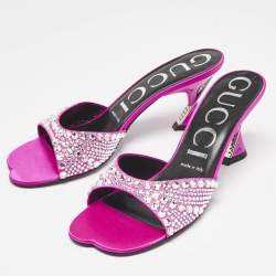 Gucci Pink Satin Galactica Crystal Embellished Slide Sandals Size 37