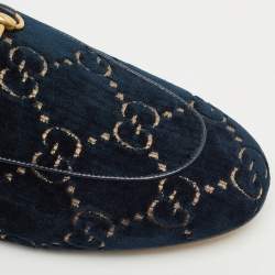 Gucci Navy Blue GG Velvet Princetown Flat Mules Size 41.5