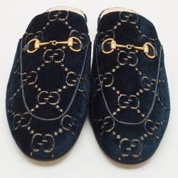 Gucci Navy Blue GG Velvet Princetown Flat Mules Size 41.5
