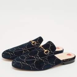 Gucci Navy Blue GG Velvet Princetown Flat Mules Size 41.5