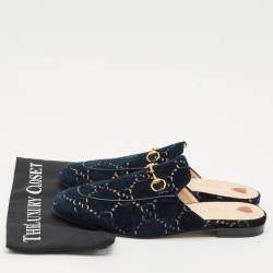 Gucci Navy Blue GG Velvet Princetown Flat Mules Size 41.5