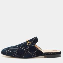 Gucci Navy Blue GG Velvet Princetown Flat Mules Size 41.5