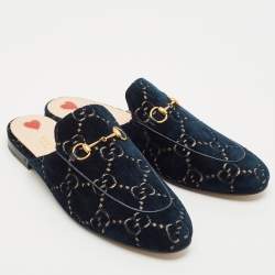 Gucci Navy Blue GG Velvet Princetown Flat Mules Size 41.5