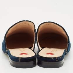 Gucci Navy Blue GG Velvet Princetown Flat Mules Size 41.5