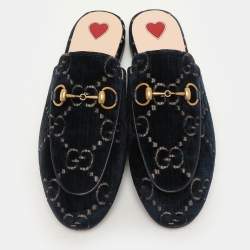 Gucci Blue/Gold GG Velvet Princetown Horsebit Flat Mules Size 34.5