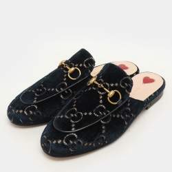 Gucci Blue/Gold GG Velvet Princetown Horsebit Flat Mules Size 34.5