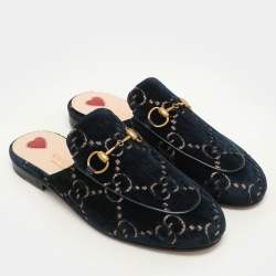 Gucci Blue/Gold GG Velvet Princetown Horsebit Flat Mules Size 34.5